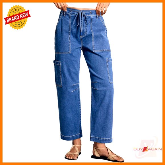 Denim - High Waisted Straight Wide Leg Cargo Denim Pants Loose Fit with Pockets